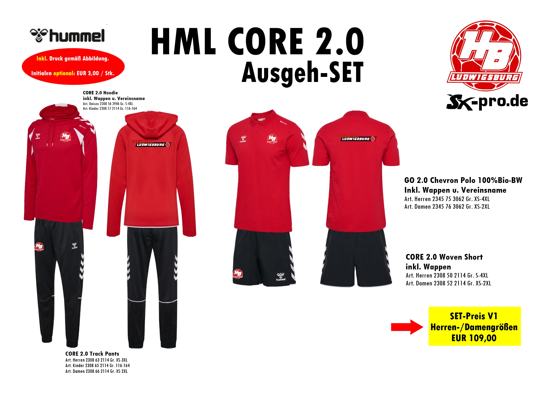 HUMMEL AUSGEH-SET mit Polo Erwachsene inkl. Wappen und Vereinsname (Initialen optional)
