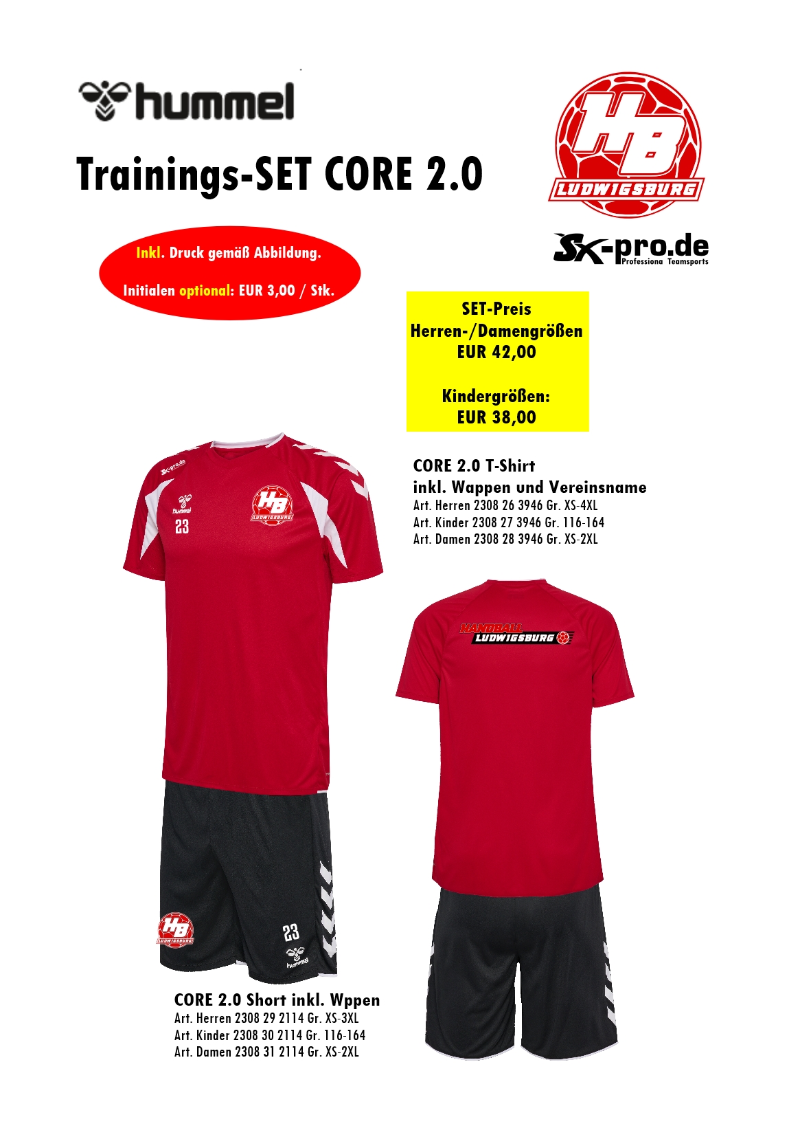 HUMMEL TRAININGS-SET CORE 2.0 Kinder inkl. Wappen und Vereinsname (Initialen optional)